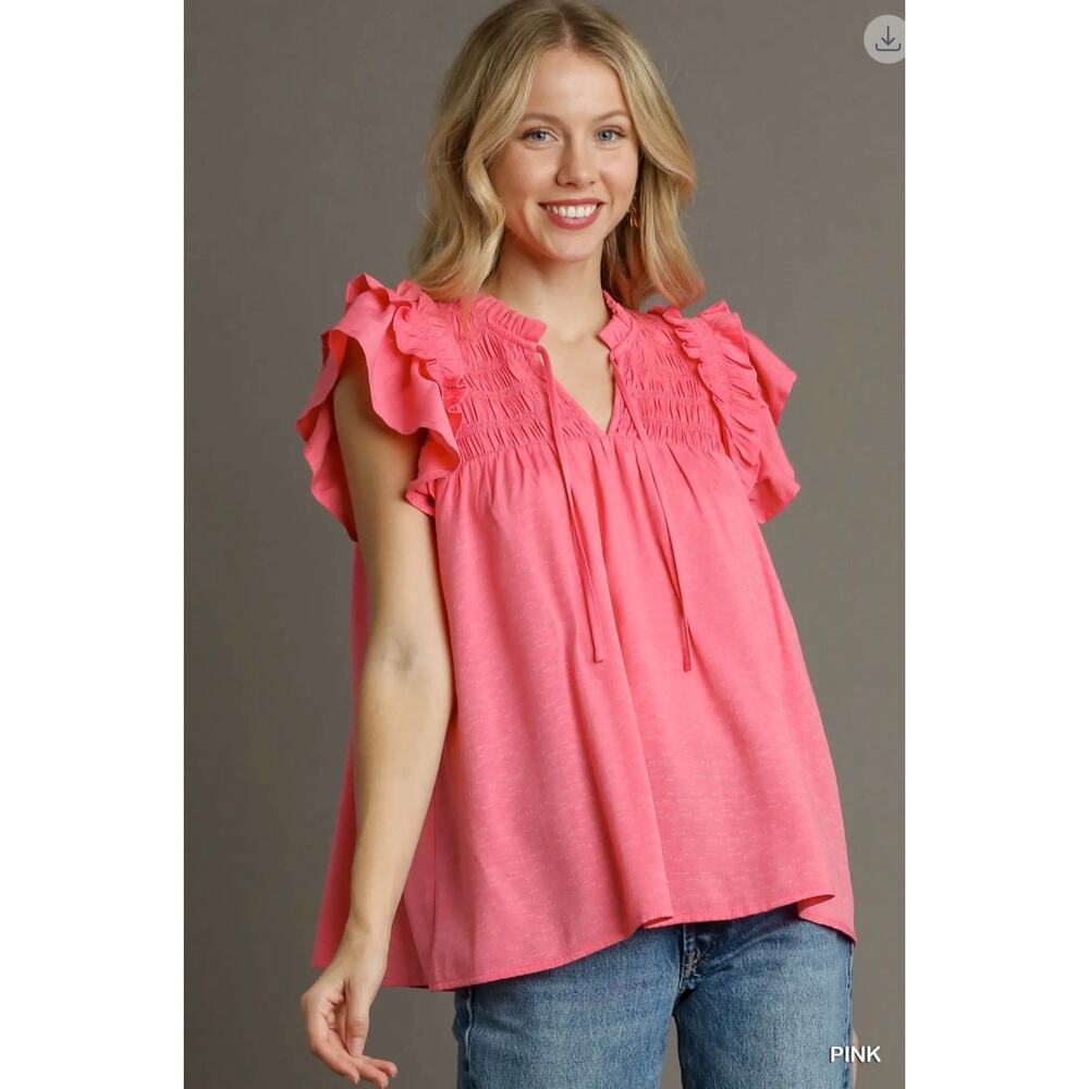 Umgee - Smocked Split Ruffle Neck with Flutter Sleeve Top - Large